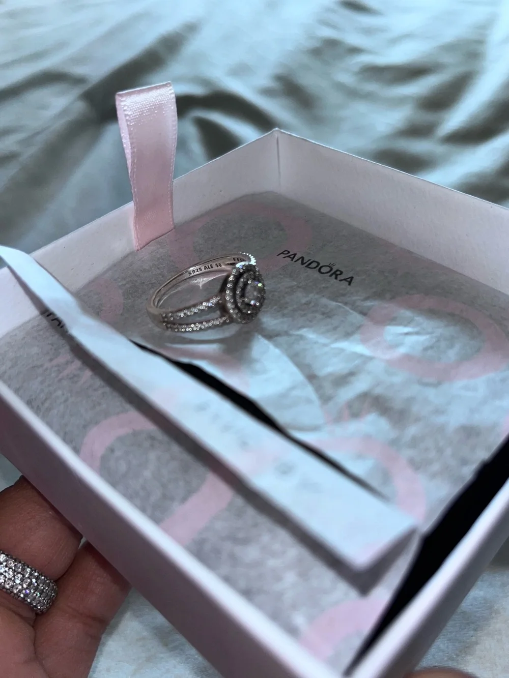 Pandora Sterling Silver Ring with Pink Accents and Halo Pavé
